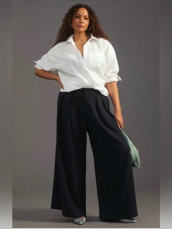 ANTHROPOLOGIE MAEVE Pleated Trousers Wide-Leg Black Pants 10 - Picture 2 of 14